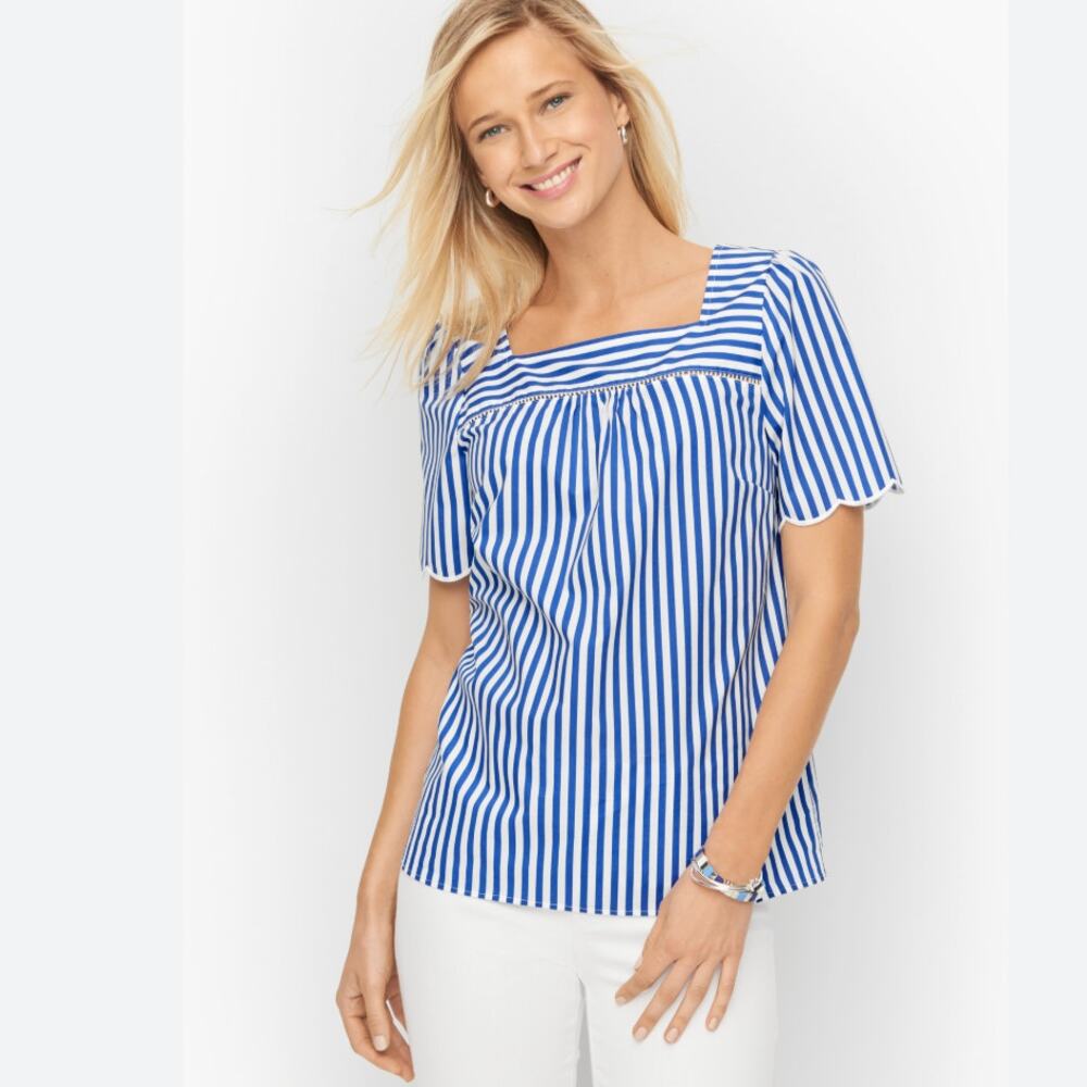 Talbots Sailor Striped Scalloped Square Neck Top Blue White Beachy Coastal L